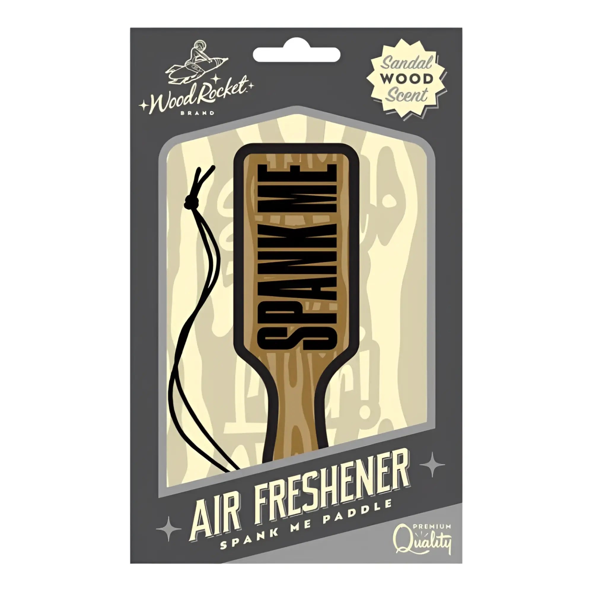 Wood Rocket spank me paddle air freshener in wooden sandalwood scent with bold black letters and black cord attached