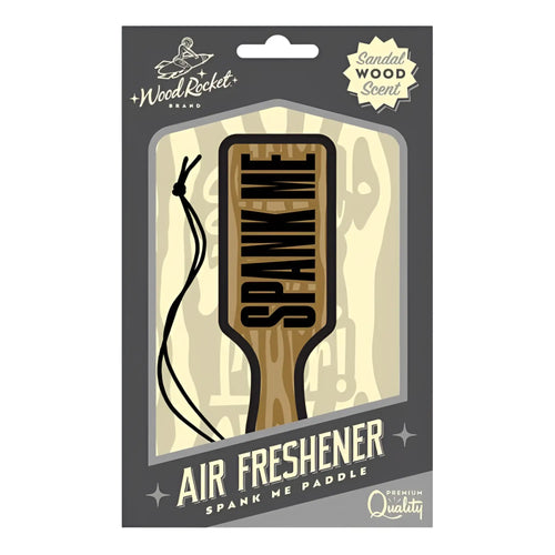 Wood Rocket spank me paddle air freshener in wooden sandalwood scent with bold black letters and black cord attached