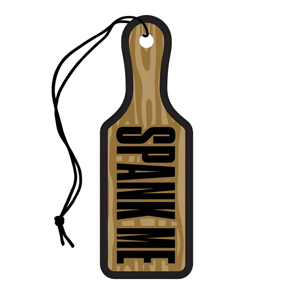 Wood rocket spank me paddle air freshener made of wood with black lettering and a black string loop for hanging