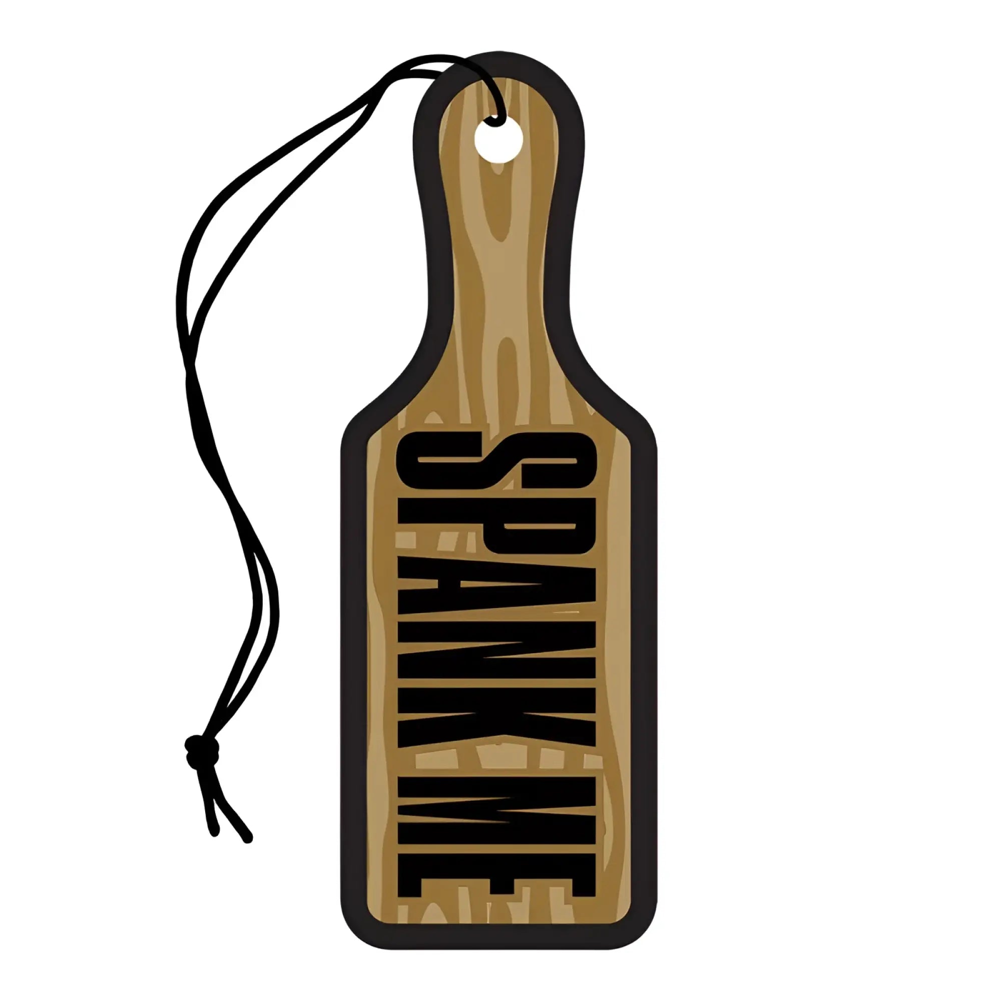 Wood rocket spank me paddle air freshener made of wood with black lettering and a black string loop for hanging