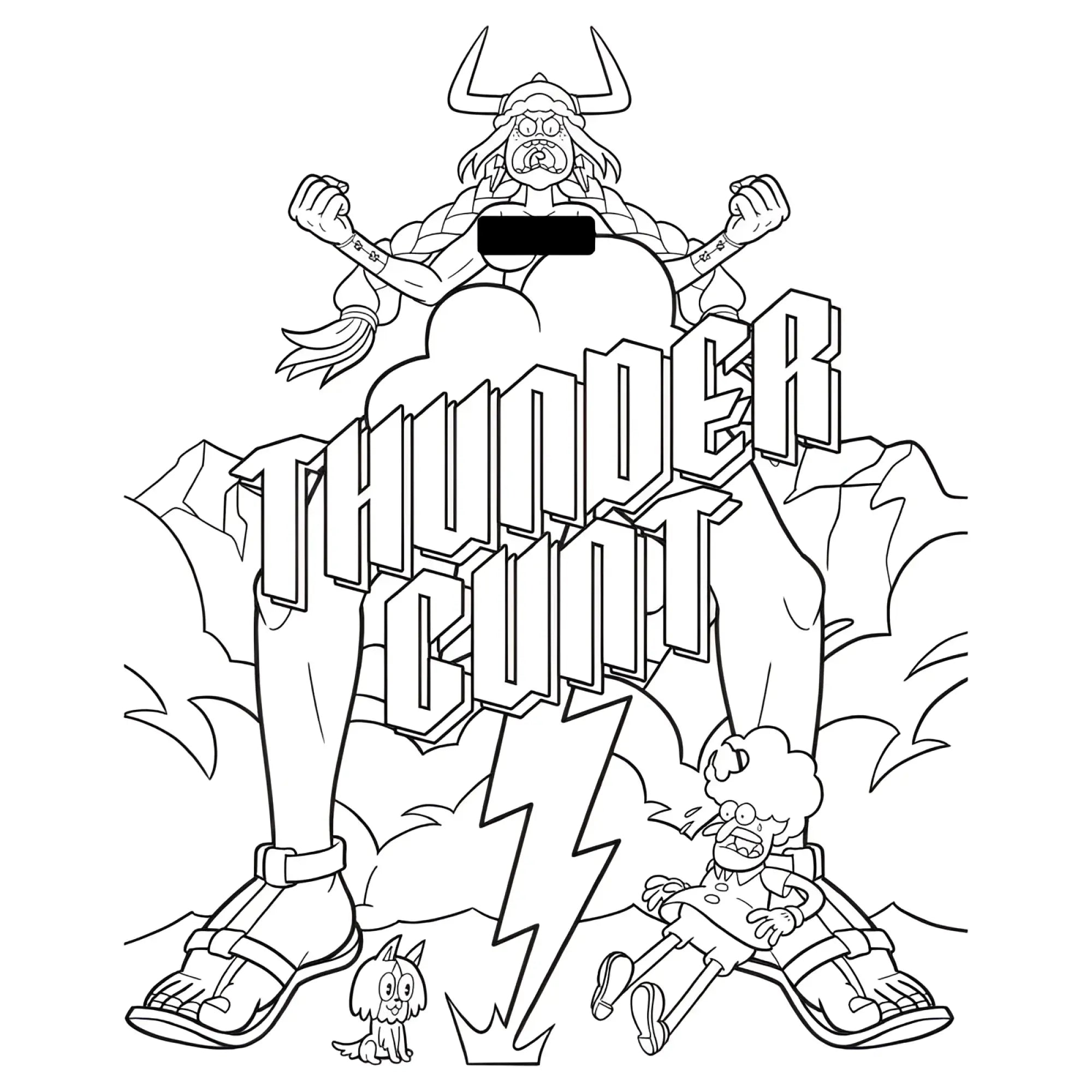 Black and white viking line art with horns and raised arms under thunder count text in wood rocket suck my crayon colouring book