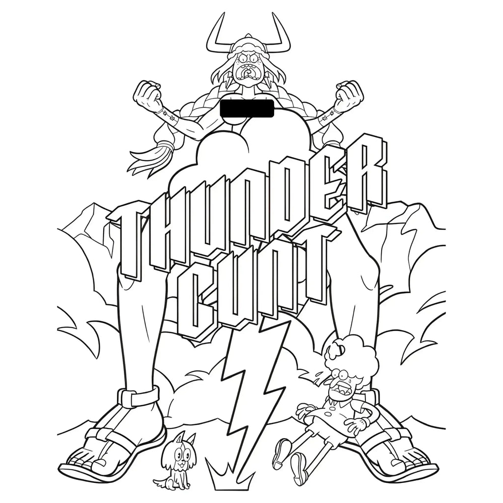 Black and white viking line art with horns and raised arms under thunder cloud text in wood rocket colouring book