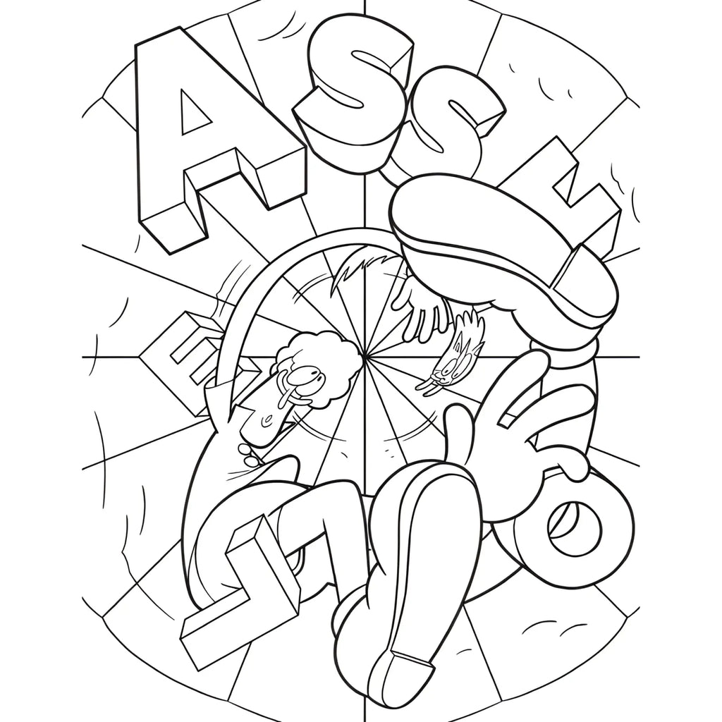 Black and white line art coloring page from wood rocket suck my crayon featuring bold 3d letters and cartoon characters