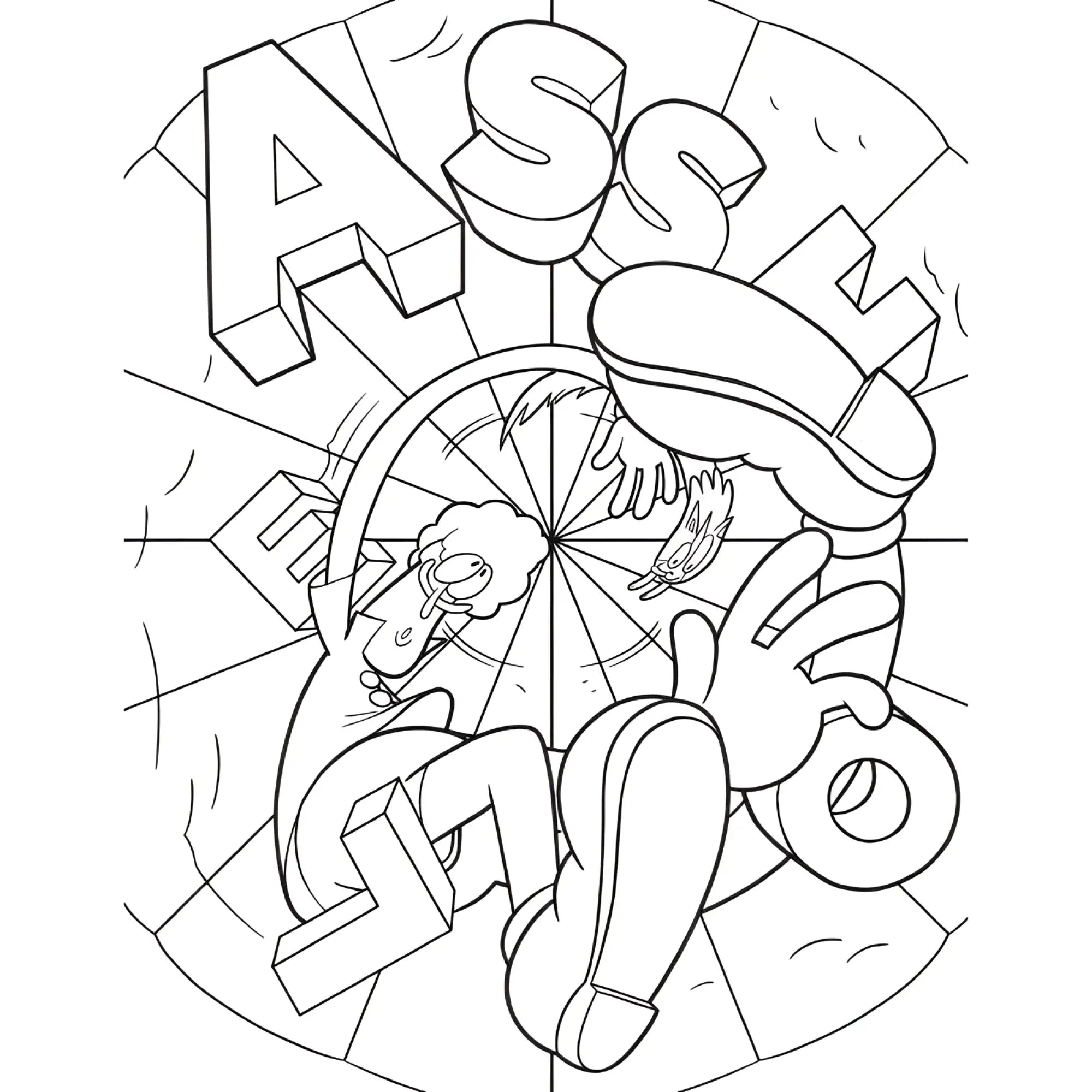 Black and white line art coloring page from wood rocket suck my crayon featuring bold 3d letters and cartoon characters