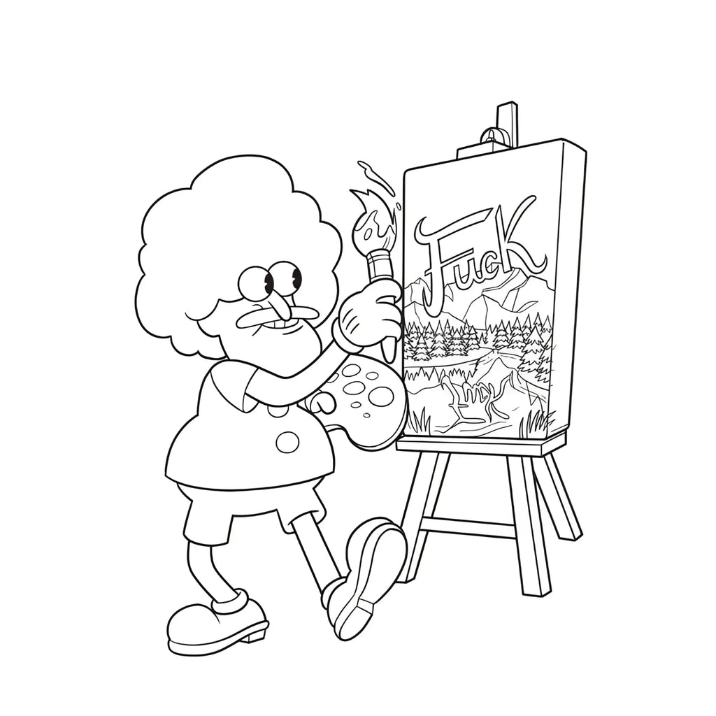 Black-and-white line drawing of an artist painting on canvas with cursive text above mountain in wood rocket suck my crayon colouring book