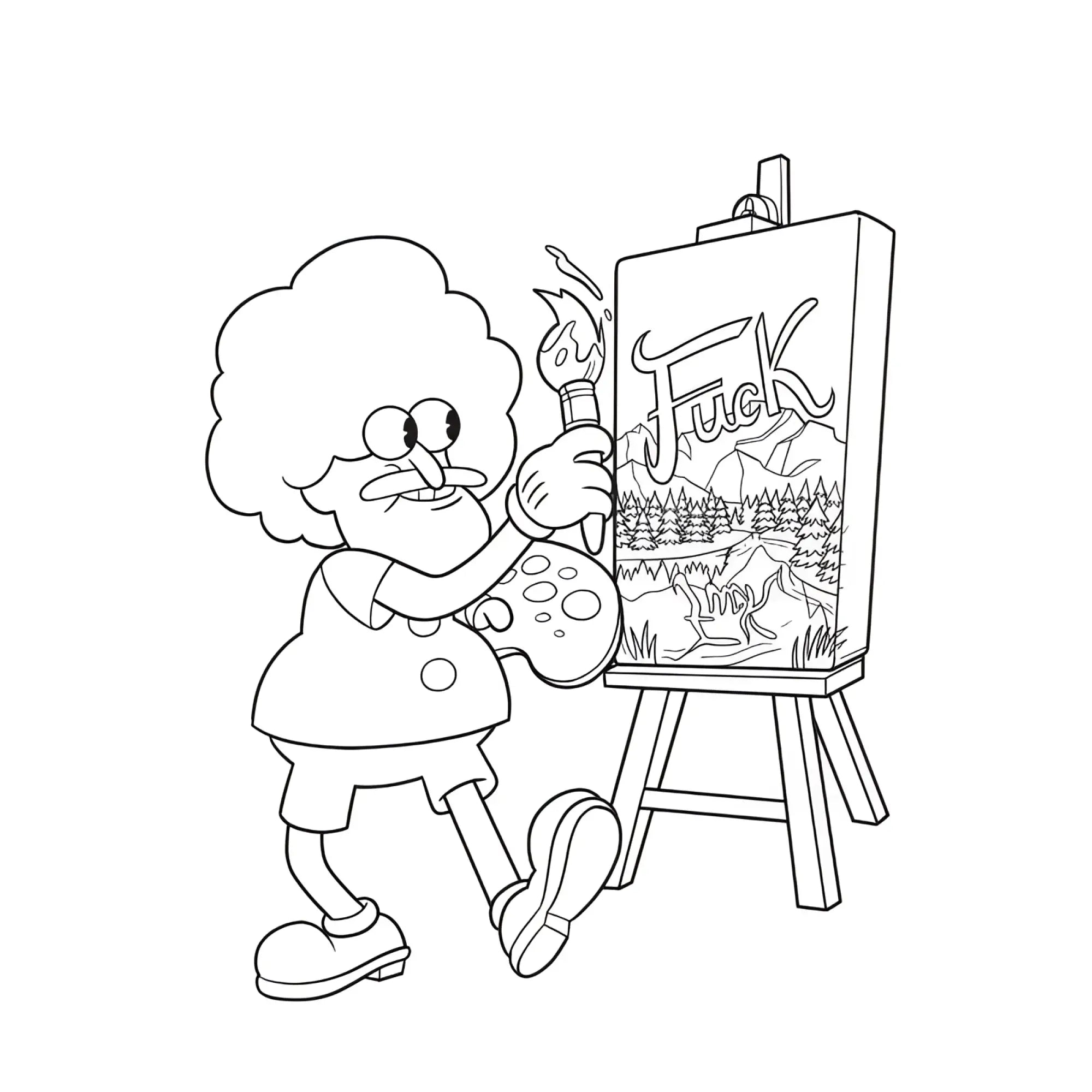 Black-and-white line drawing of an artist painting on canvas with cursive text above mountain in wood rocket suck my crayon colouring book