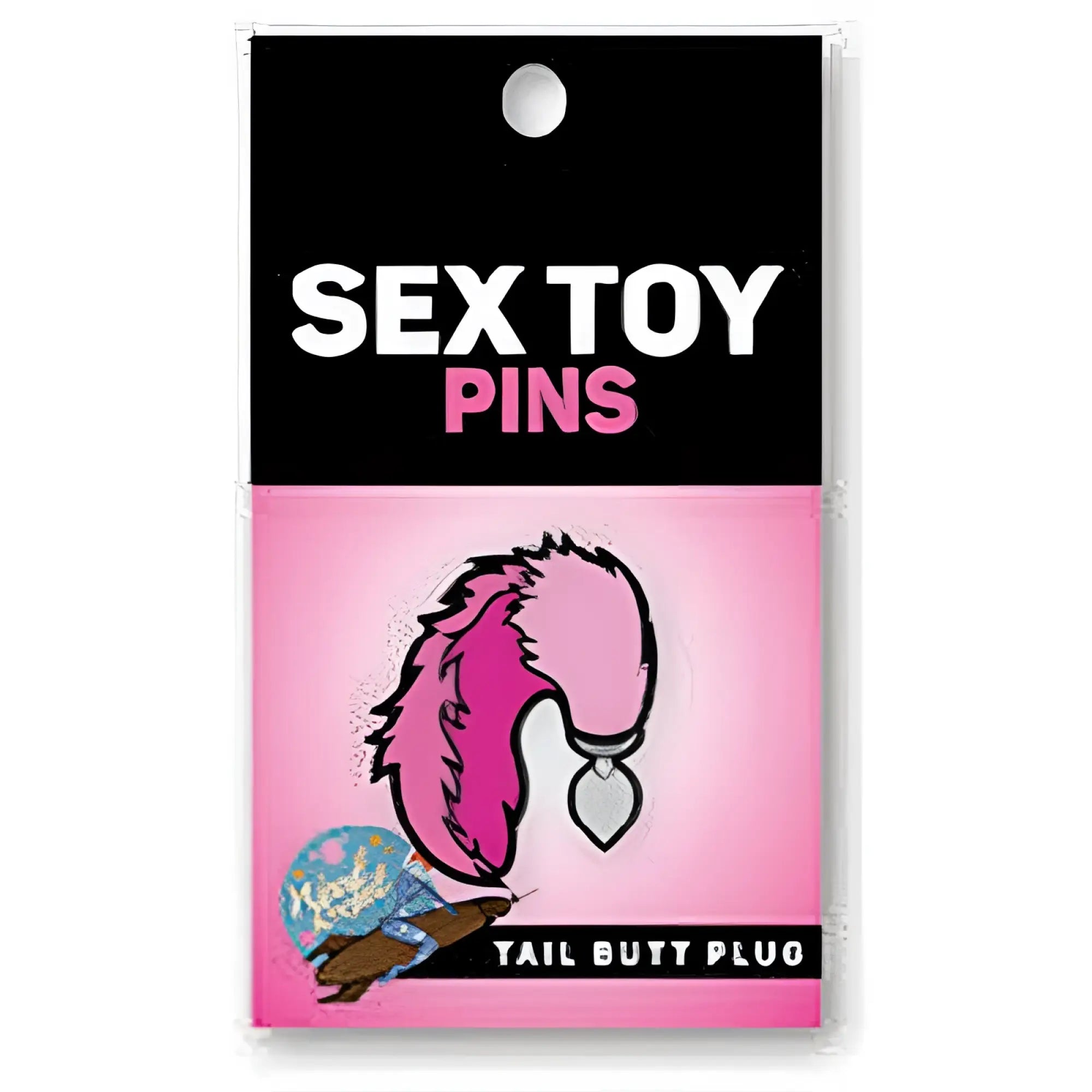 Wood rocket tail butt plug enamel pin featuring a pink furry tail with a silver metallic base shown from the back side