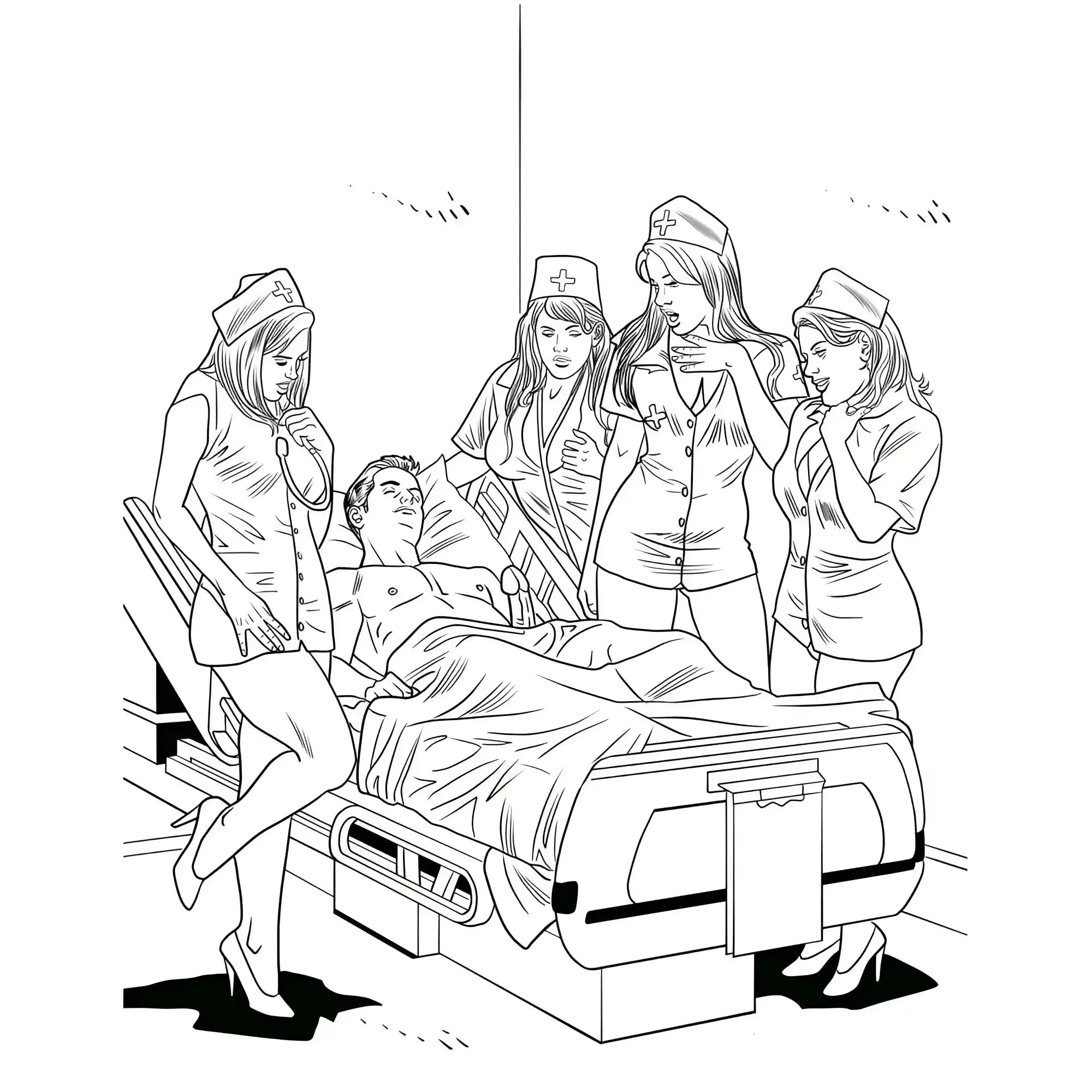 Black and white line drawing of four nurses around hospital bed with patient in wood rocket xxx nurses colouring book