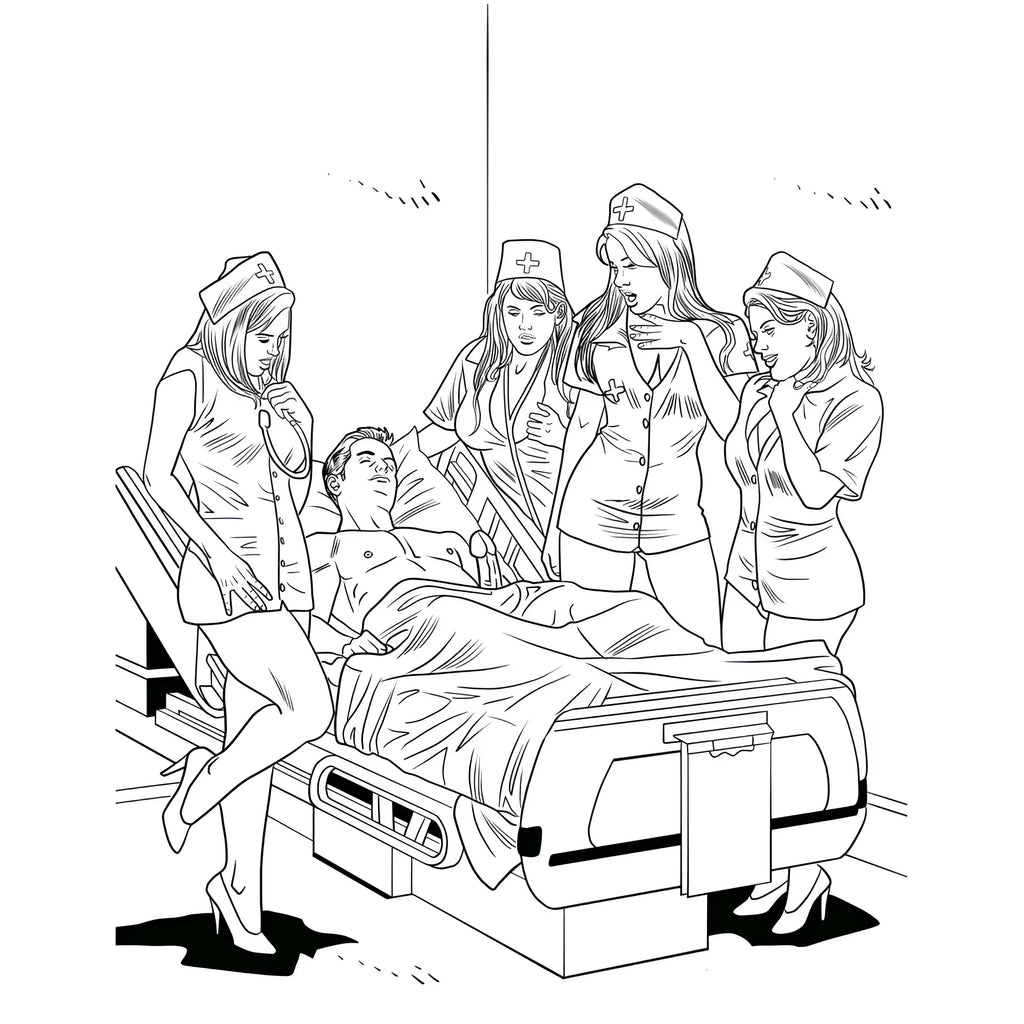 Black and white line drawing of four nurses around hospital bed with patient in wood rocket xxx nurses colouring book