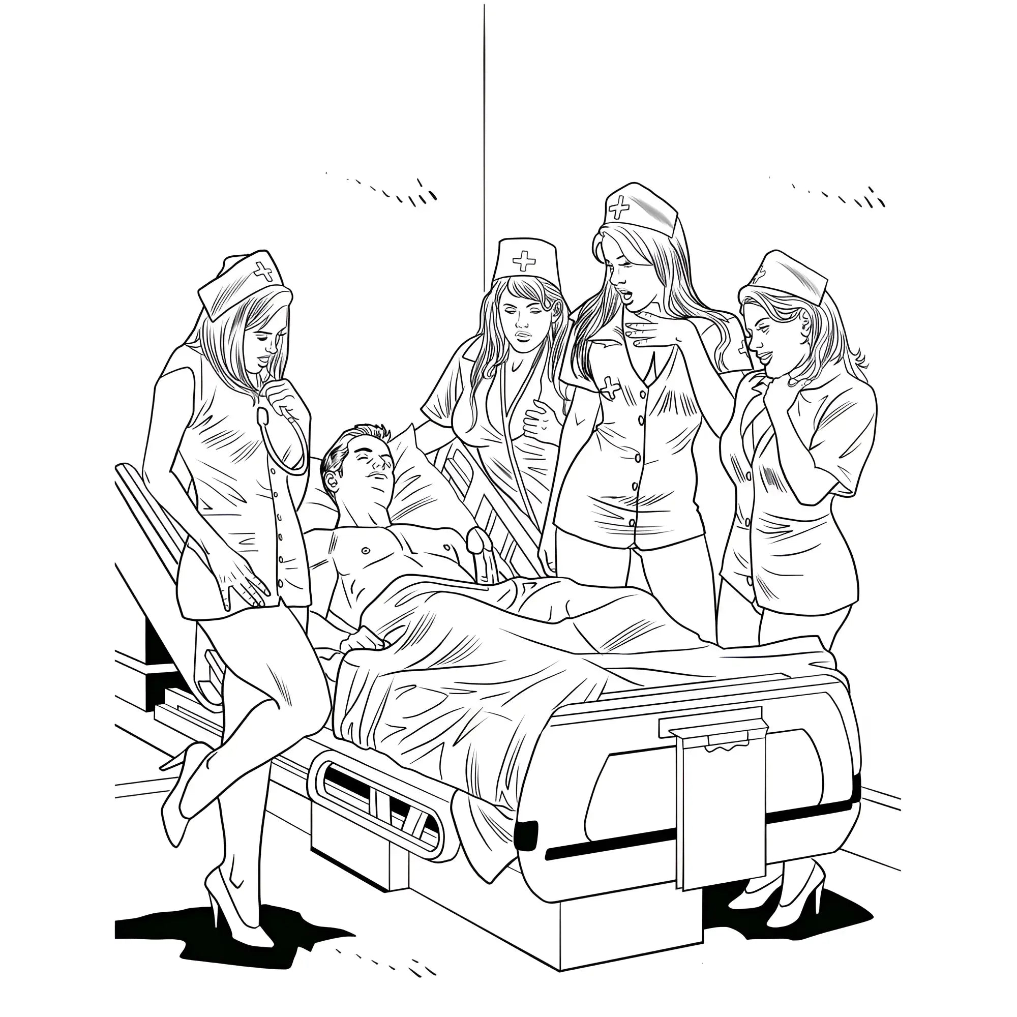 Black and white line drawing of four nurses around hospital bed with patient in wood rocket xxx nurses colouring book