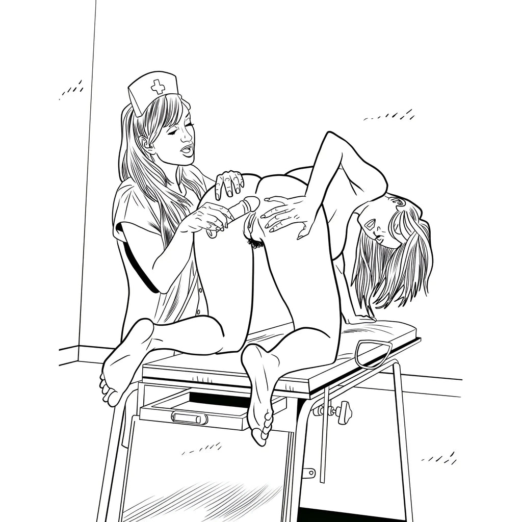Black and white line drawing of a nurse examining a patient in wood rocket xxx nurses colouring book