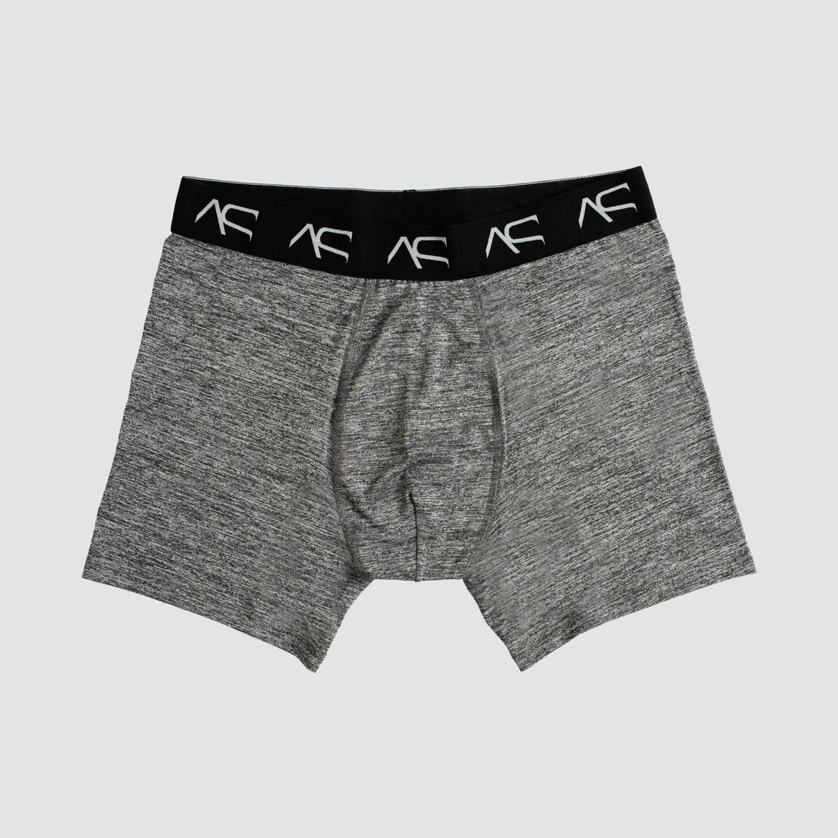 Gray heathered boxer briefs workout trunks with black waistband and white ac logos designed for exercise comfort