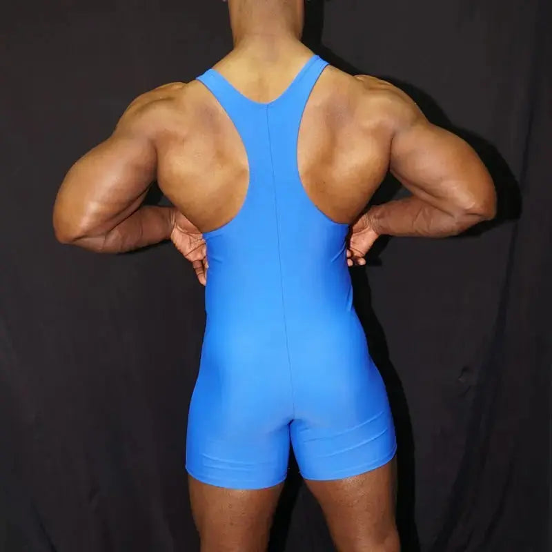 Men's blue wrestling singlet bodysuit by Arroyman featuring a racerback design and form-fitting material shown from the back.