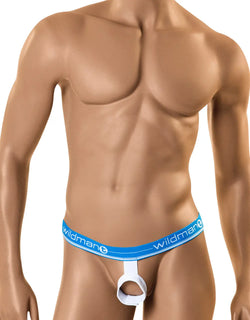 Torso of a tan mannequin wearing a blue waistband with white text and a white strap.