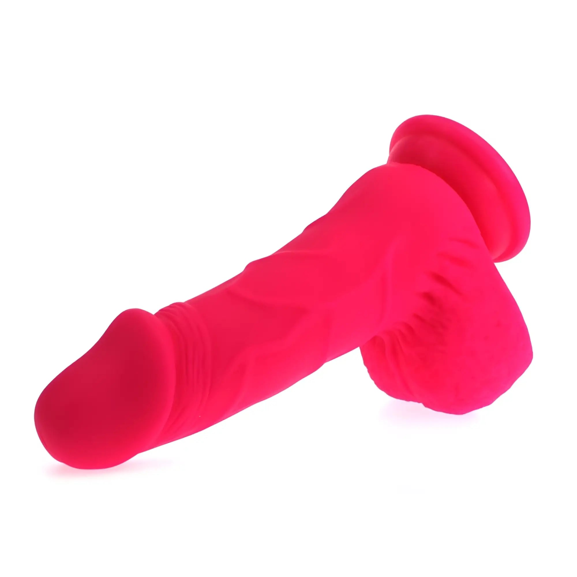 Bright pink silicone x-men pedro thick realistic cock with balls featuring a textured ergonomic design