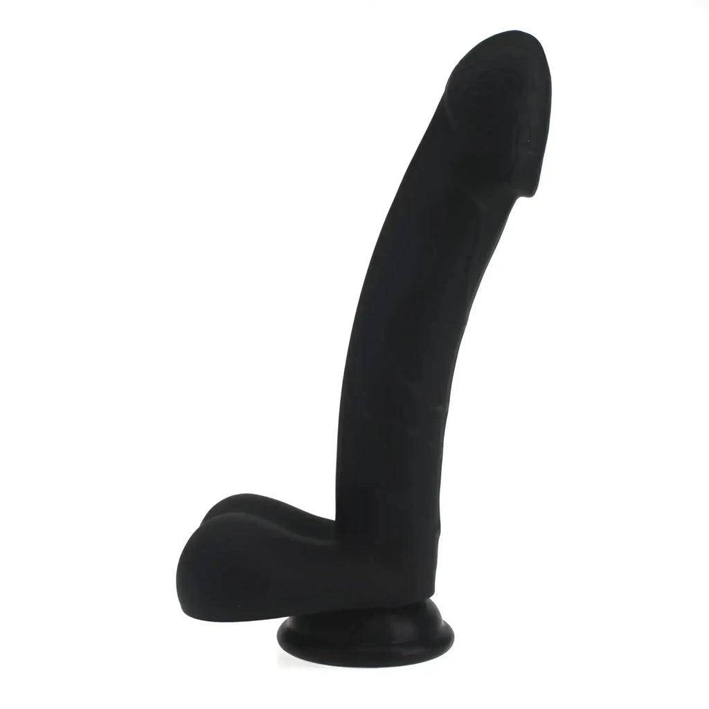 Black silicone dildo with curved shaft and rounded base from x-men realistic cock w balls black product line