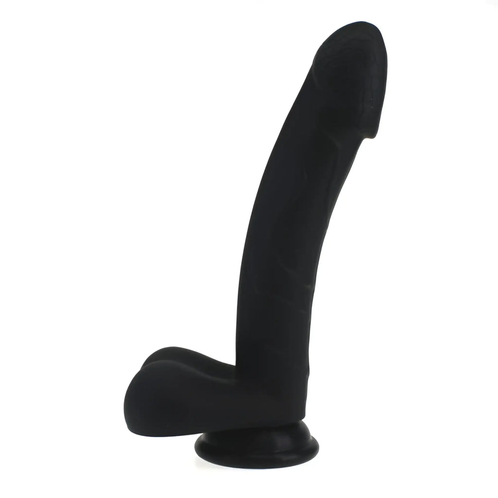Black silicone dildo with curved shaft and rounded base from x-men realistic cock w balls black product line