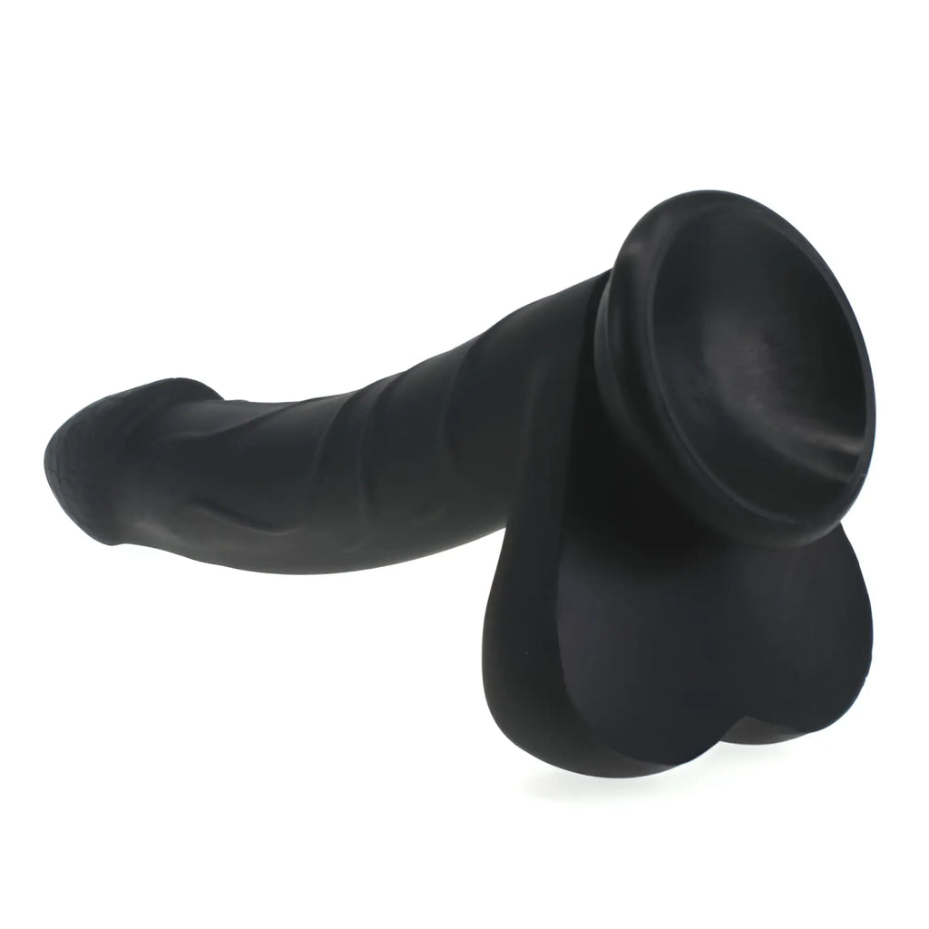 Black silicone dildo with flared rounded head and textured shaft from x-men realistic cock w balls series