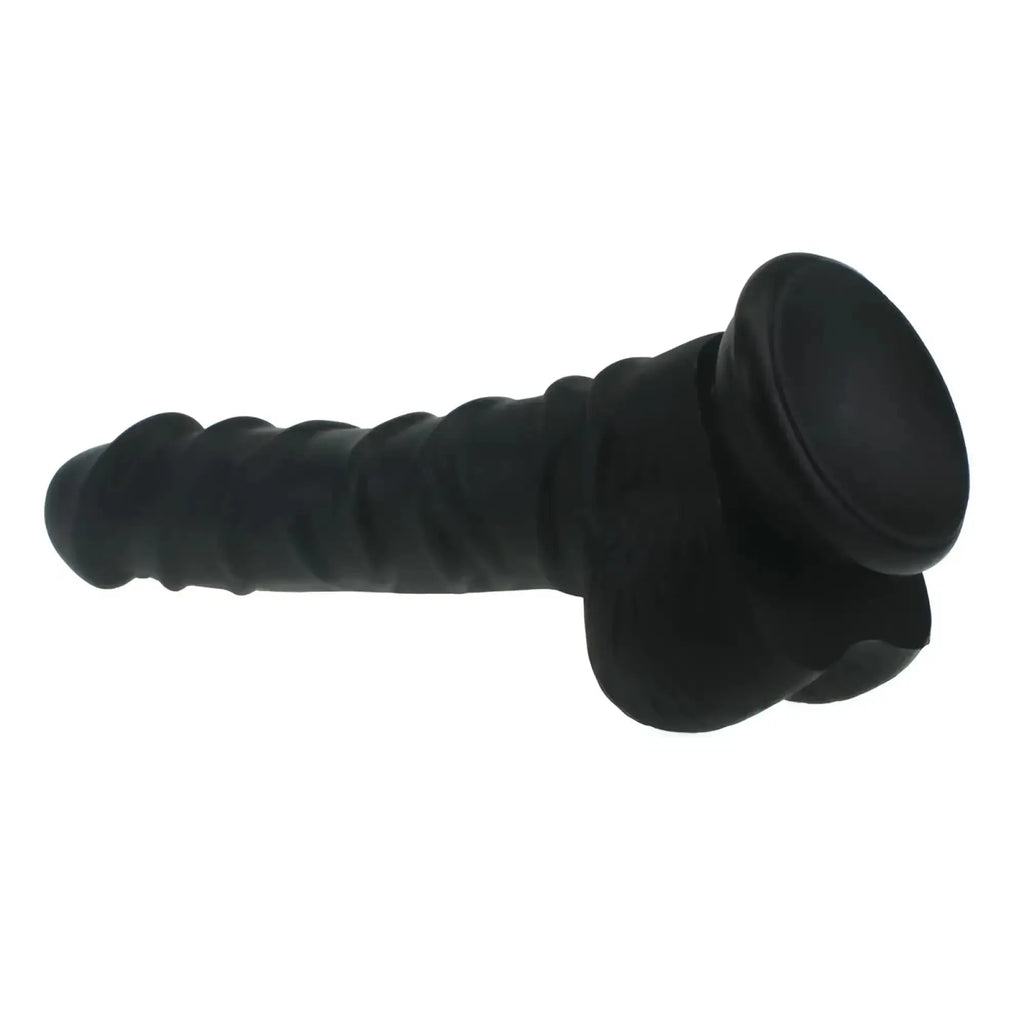 Black silicone dildo with ridged shaft textured ridges and rounded flared head from X-MEN realistic dildo series