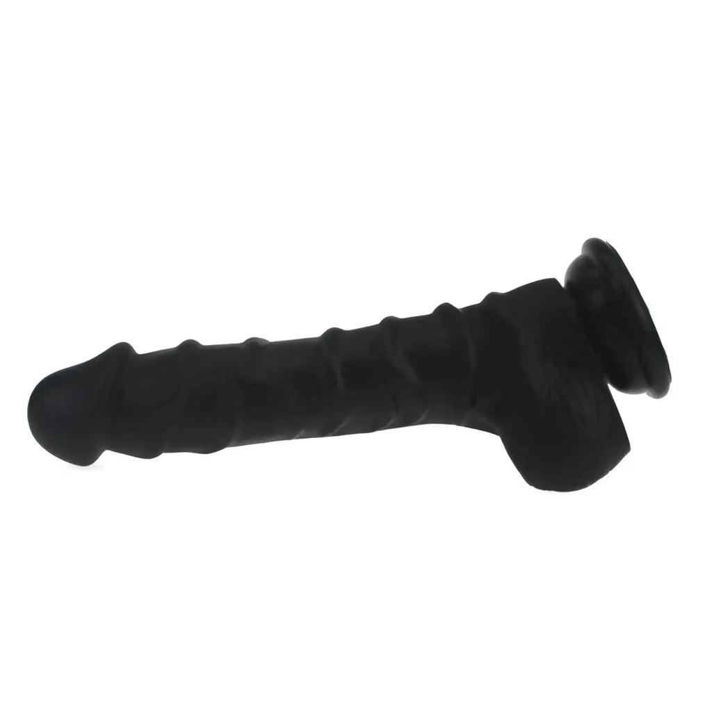 Black silicone dildo with ridged shaft and flared base featuring balls from x-men realistic dildo series