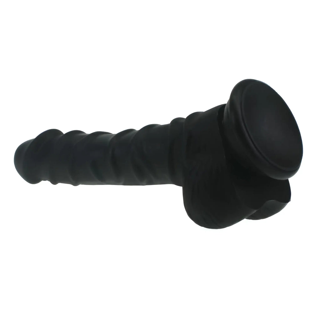 Black silicone dildo with ridged shaft textured ridges and rounded flared head from X-MEN realistic dildo series