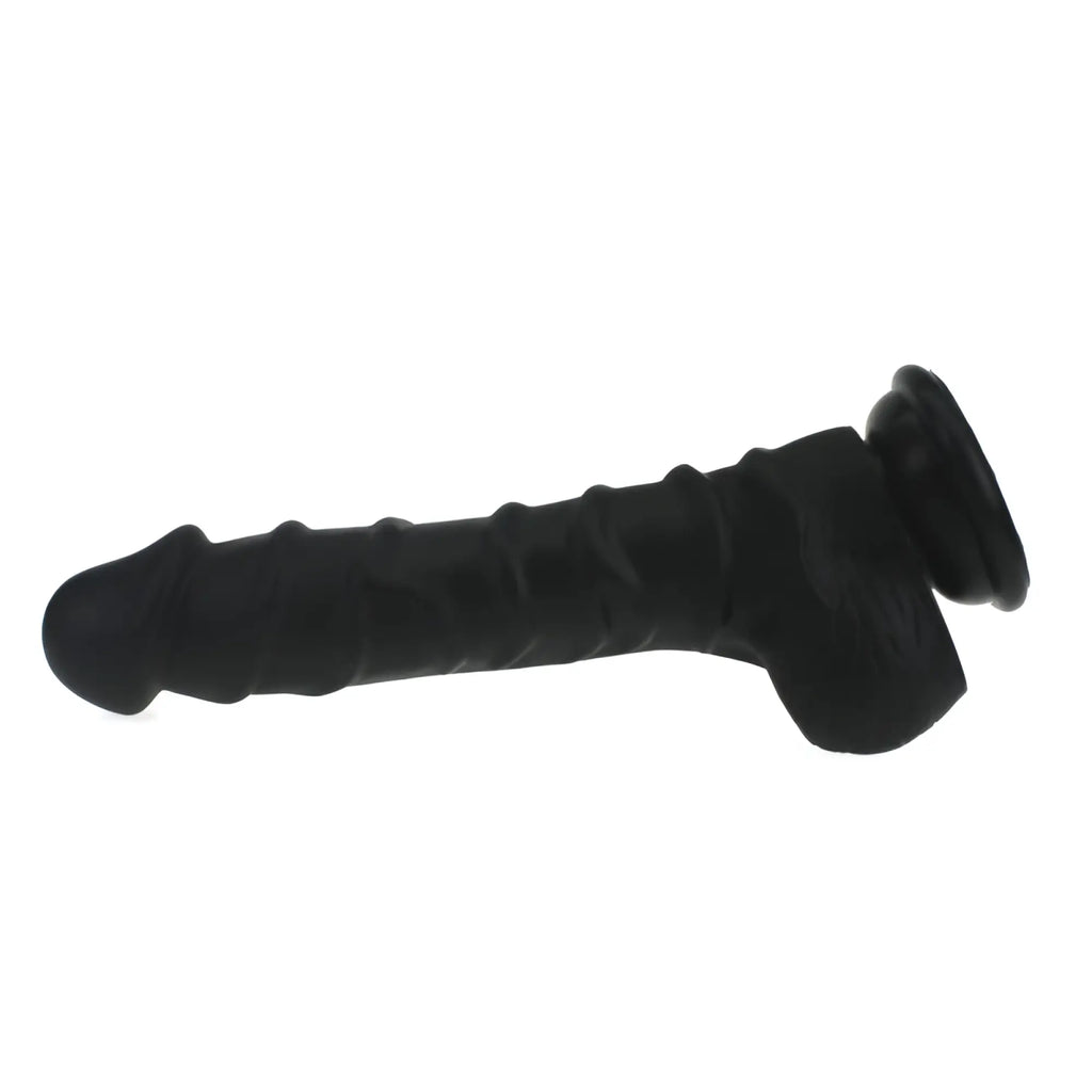 Black silicone dildo with ridged shaft and flared base featuring balls from x-men realistic dildo series