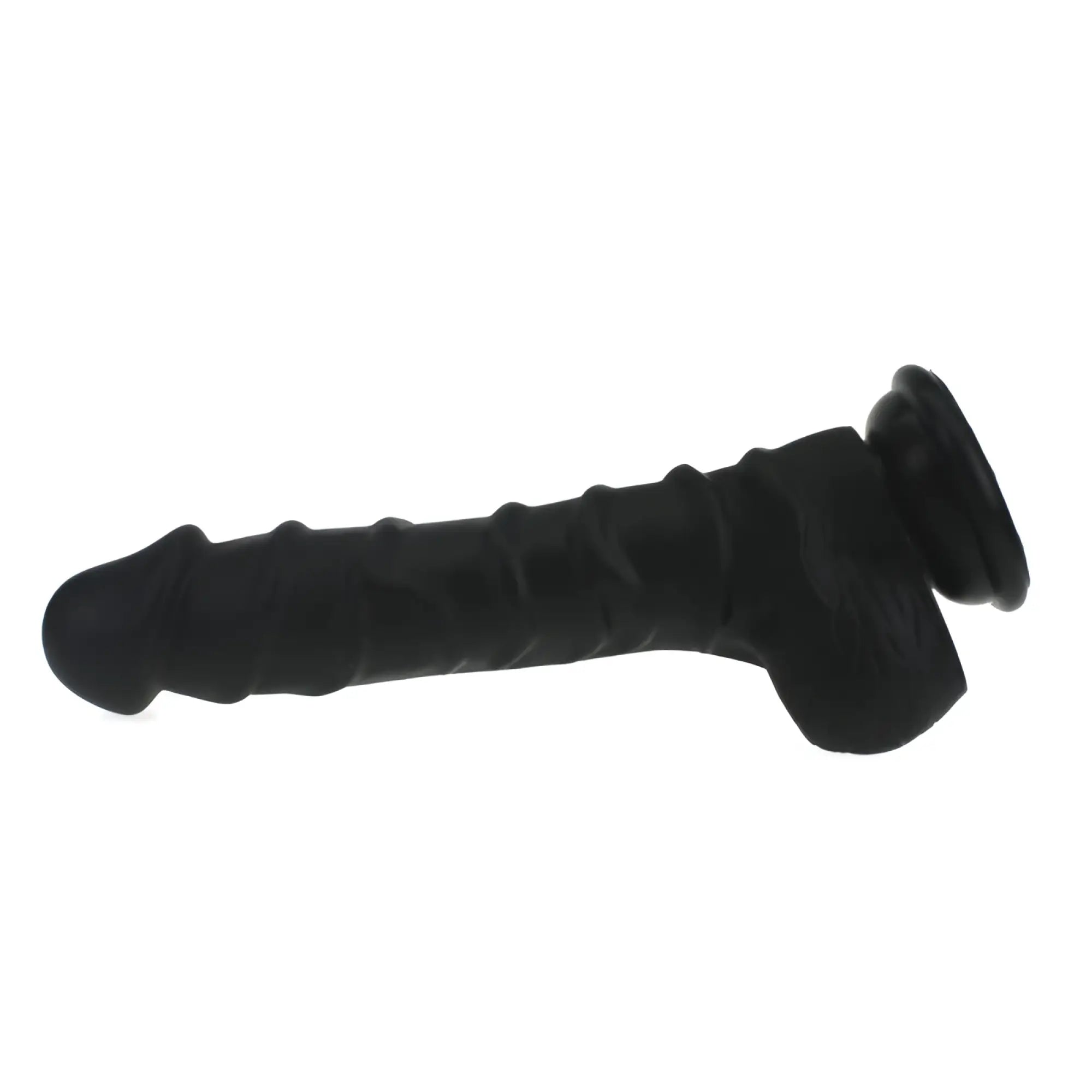 Black silicone dildo with ridged shaft and flared base featuring balls from x-men realistic dildo series