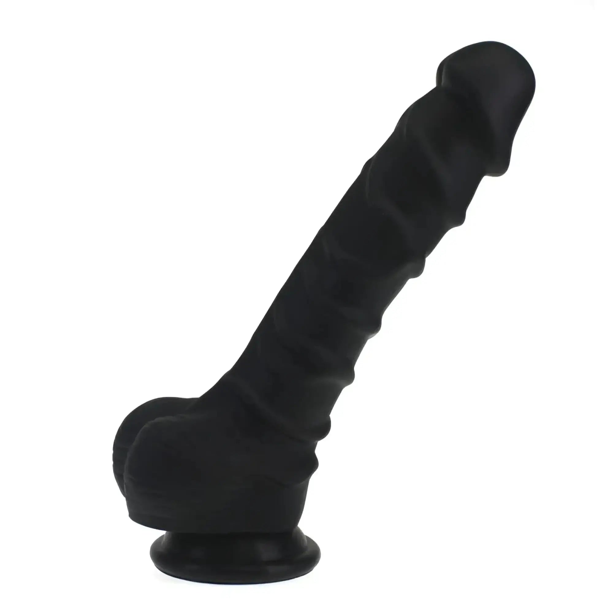 Black silicone dildo with ridged shaft and rounded head standing upright on circular base from x-men realistic dildo