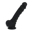 Black silicone dildo with ridged shaft and rounded head standing upright on circular base from x-men realistic dildo