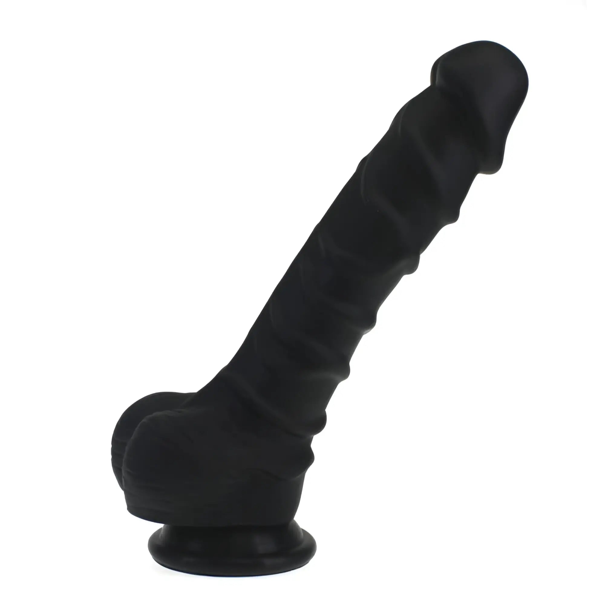 Black silicone dildo with ridged shaft and rounded head standing upright on circular base from x-men realistic dildo