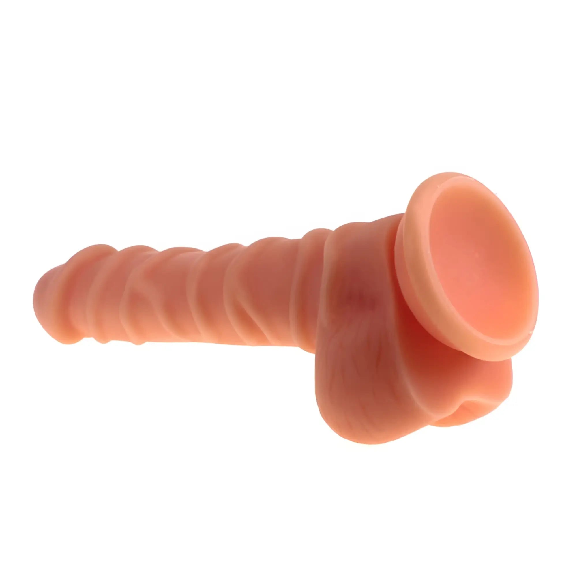 Peach-colored silicone x-men realistic dildo with ridged shaft balls and suction cup base for hands-free use