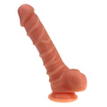Peach-colored silicone dildo with ridged shaft and balls featuring a rounded base for realistic use in x-men design