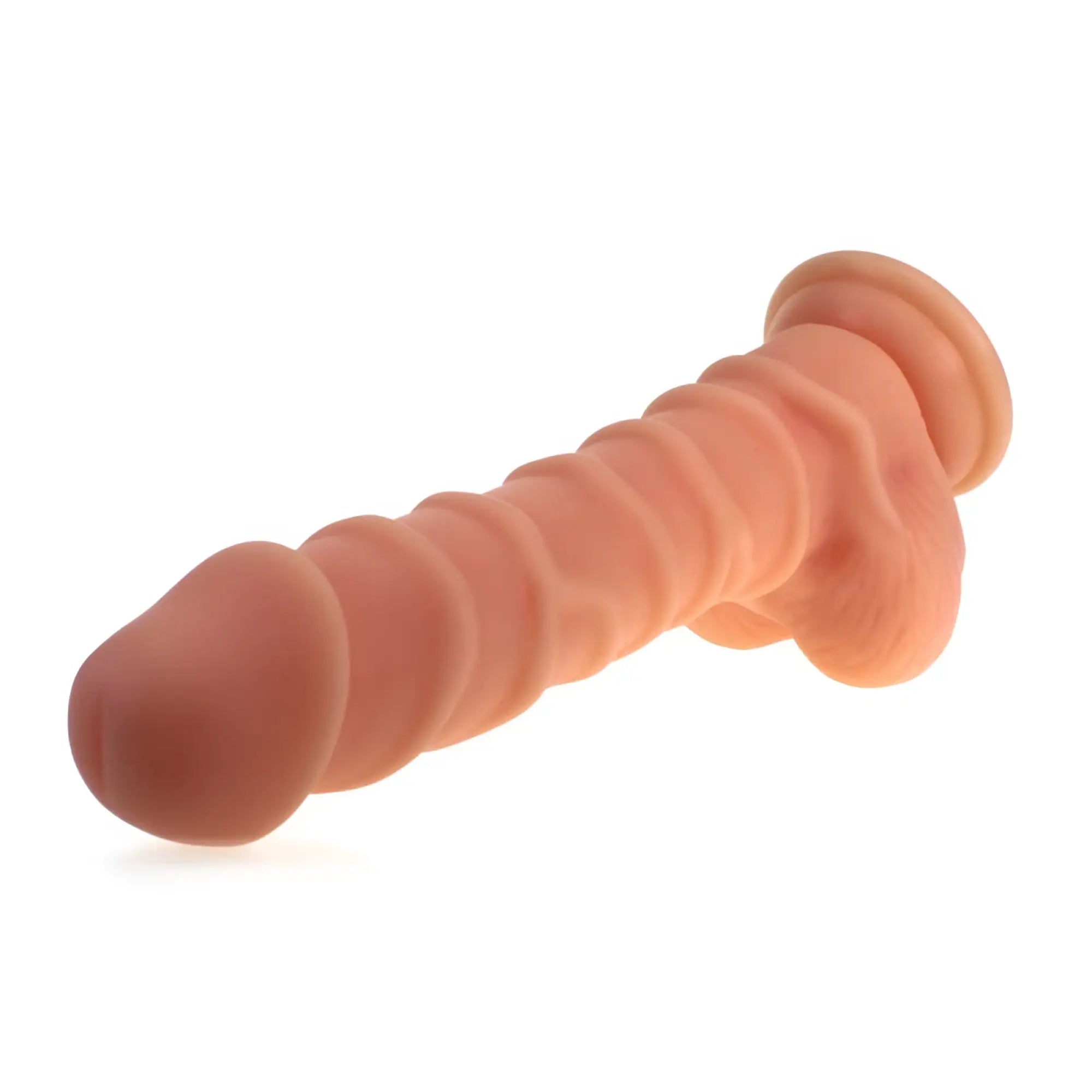 Peach-colored silicone dildo with ridged shaft and rounded ends from x-men realistic dildo ridged shaft w balls flesh product