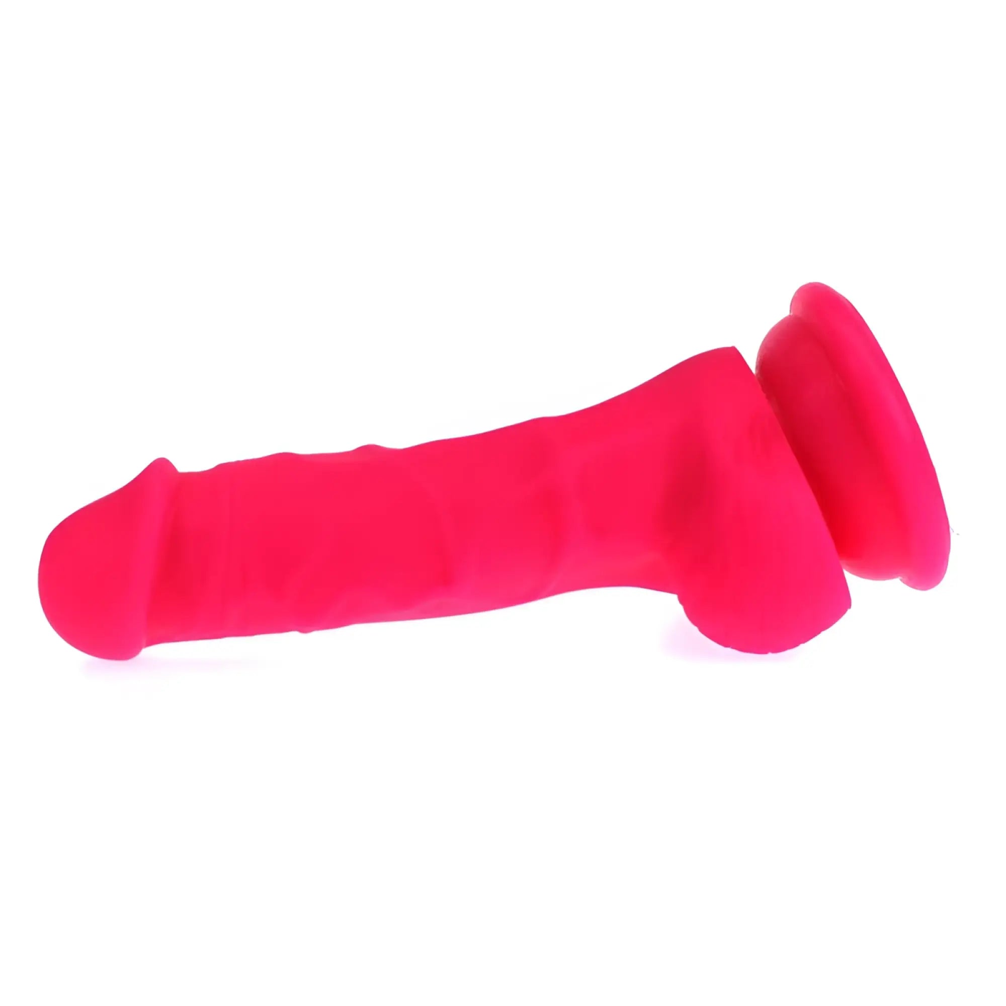 Bright pink silicone X-MEN realistic dildo with veined shaft balls and textured anal plug with flared base