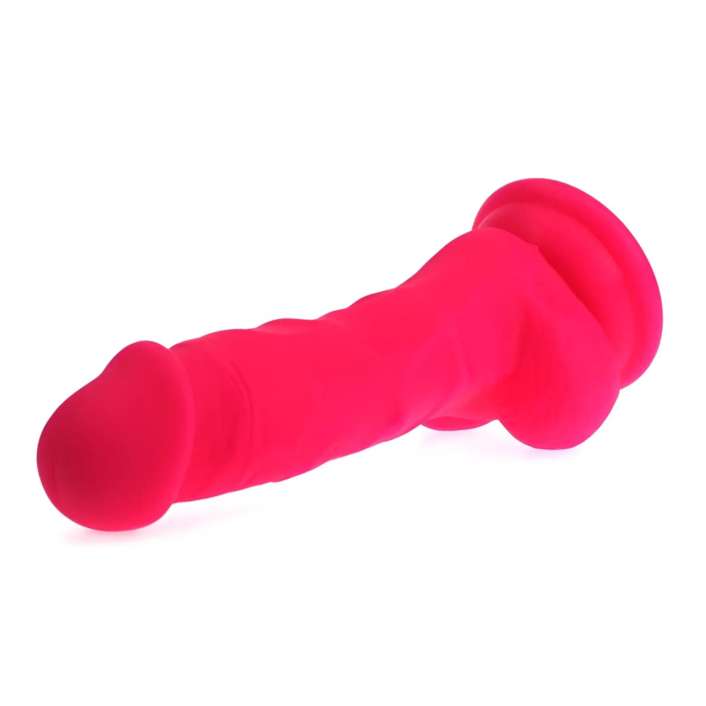 Bright pink silicone X-MEN realistic dildo with veined shaft textured ribbed surface and balls for enhanced pleasure