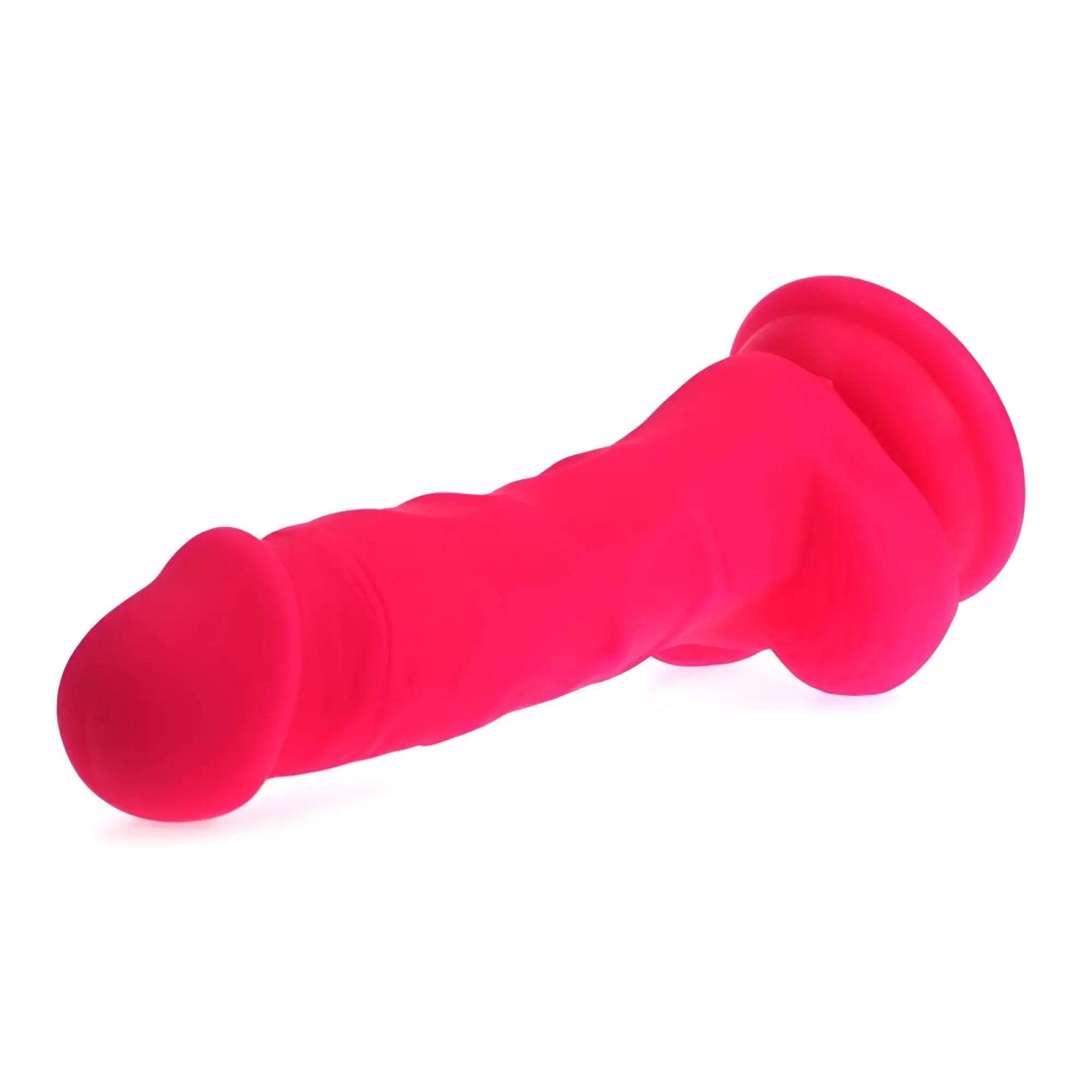Bright pink silicone X-MEN realistic dildo with veined shaft textured ribbed surface and balls for enhanced pleasure