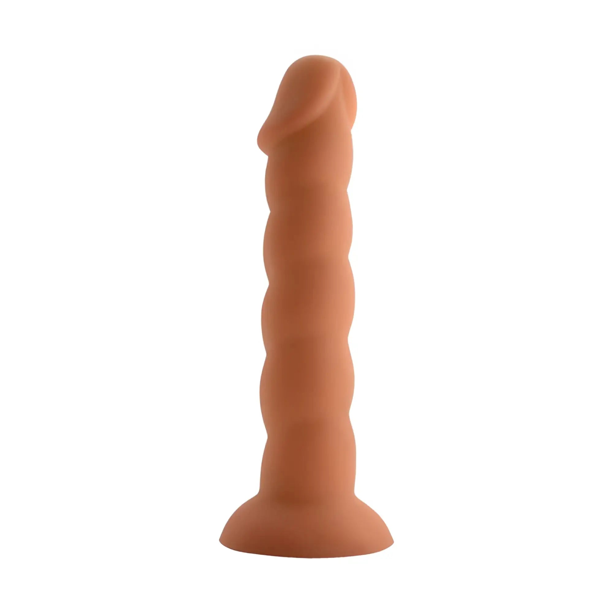 Peach-colored silicone dildo with textured segmented shaft and rounded head from X-men spiral cock flesh collection