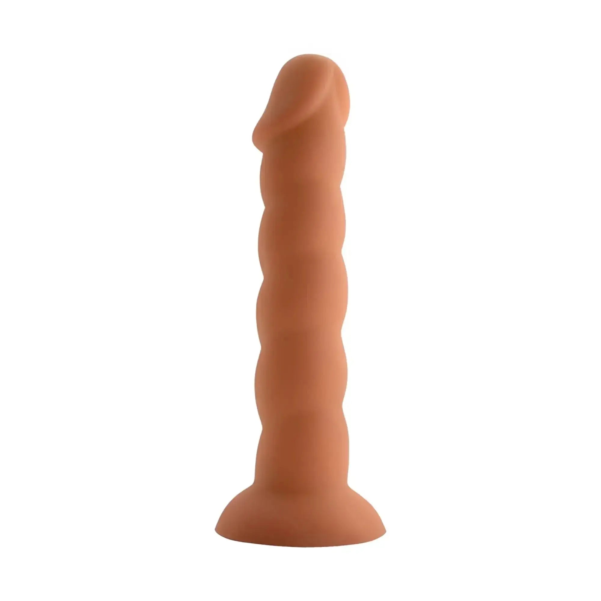 Peach-colored silicone dildo with textured segmented shaft and rounded head from X-men spiral cock flesh collection