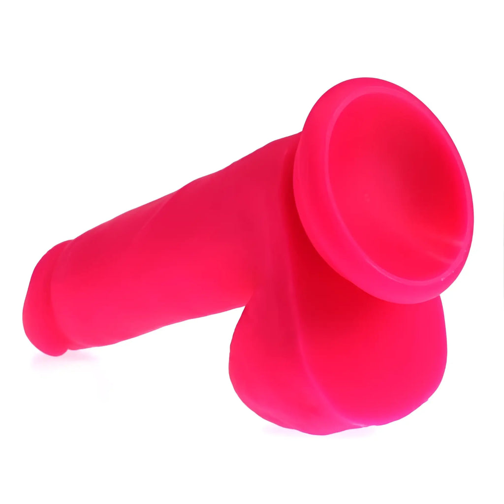 Bright pink silicone suction cup dildo x-men thick realistic cock with balls for hands-free use