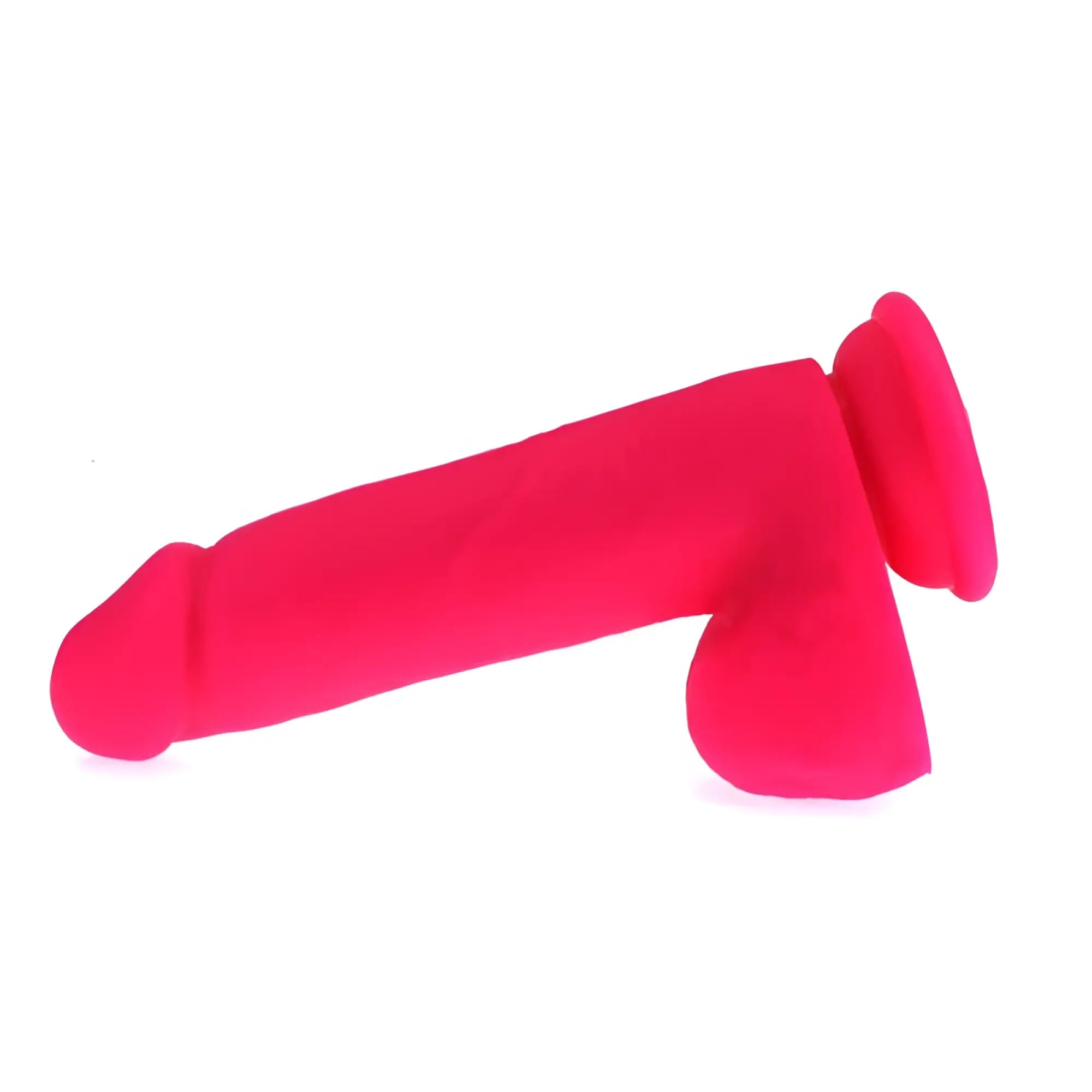 Bright pink silicone x-men thick realistic cock with balls featuring rounded head and flared base for intimate use