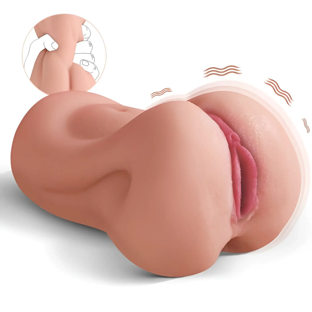 Pink silicone xise agatha realistic vibrating vaginal masturbator with textured anal plug and lifelike opening