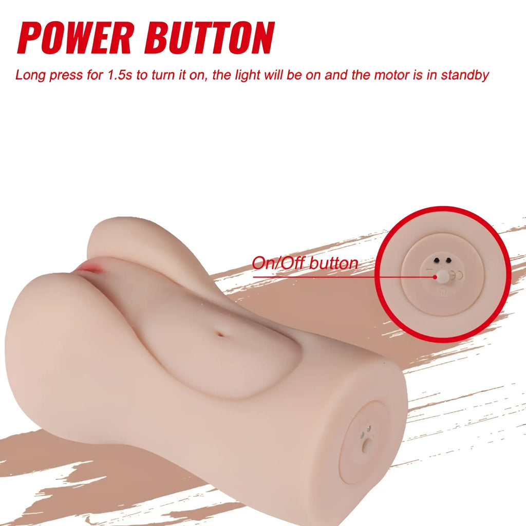 Beige silicone xise aggie realistic vibrating vaginal masturbator showing power and on off buttons for motor control