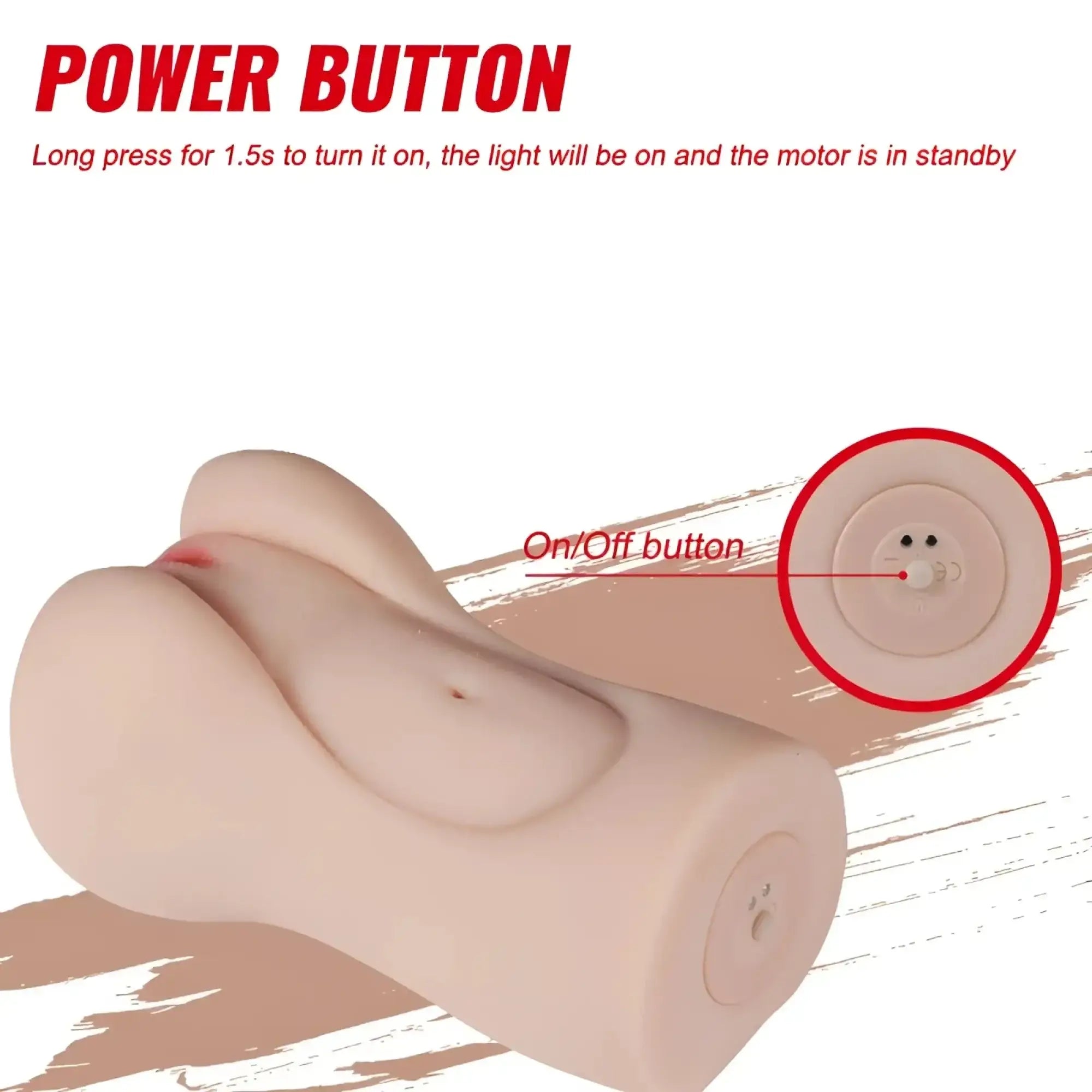 Beige silicone xise aggie realistic vibrating vaginal masturbator showing power and on off buttons for motor control