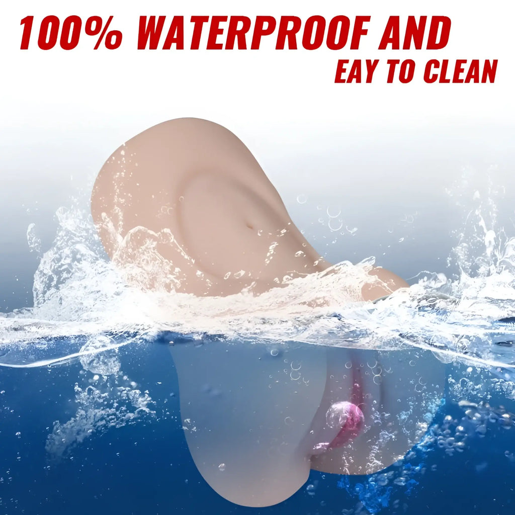 Beige silicone swim cap with pink accent shown with xise aggie realistic vibrating vaginal masturbator product