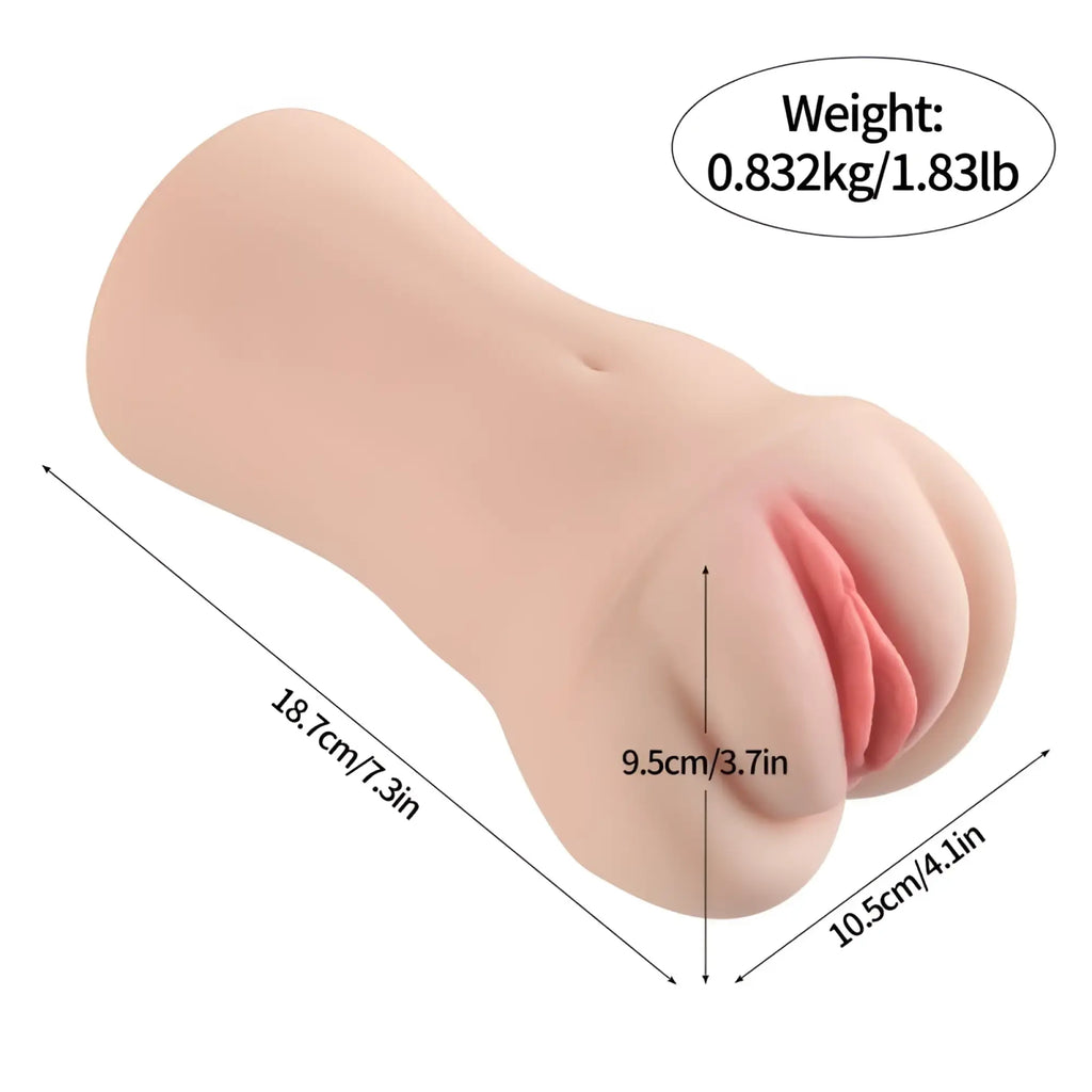 Beige silicone xise brenna dual density 3 speed 7 mode vibrating realistic masturbator with pink lips and defined navel