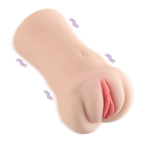 Beige silicone realistic masturbator with skin texture and pink inner lining xise brenna dual density vibrating toy