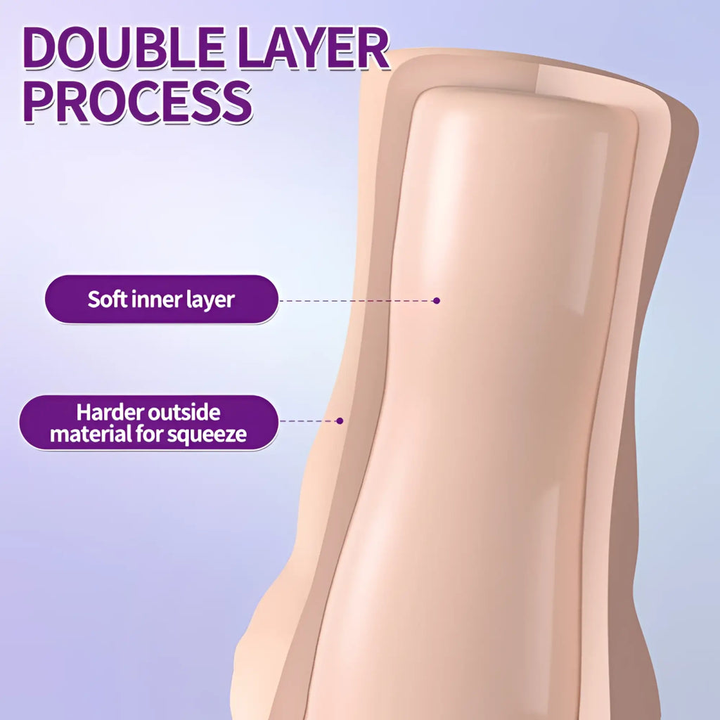Beige double-layered silicone dildo with soft inner layer and hard outer shell for squeeze by XISE Brenna dual density