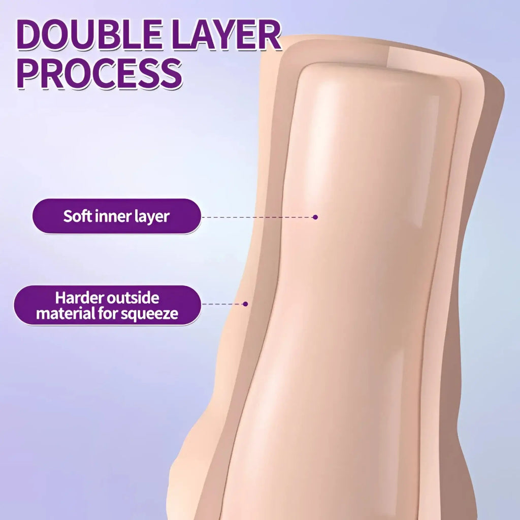 Beige double-layered silicone dildo with soft inner layer and hard outer shell for squeeze by XISE Brenna dual density