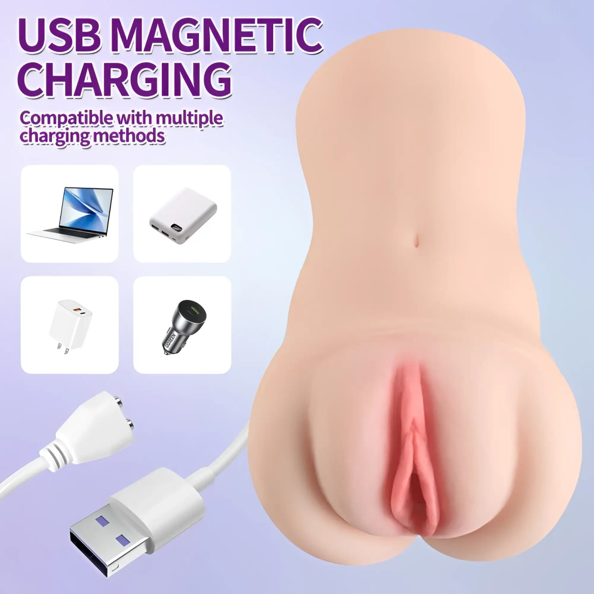 Pink silicone xise brenna dual density realistic masturbator with usb magnetic charging port shown from back side