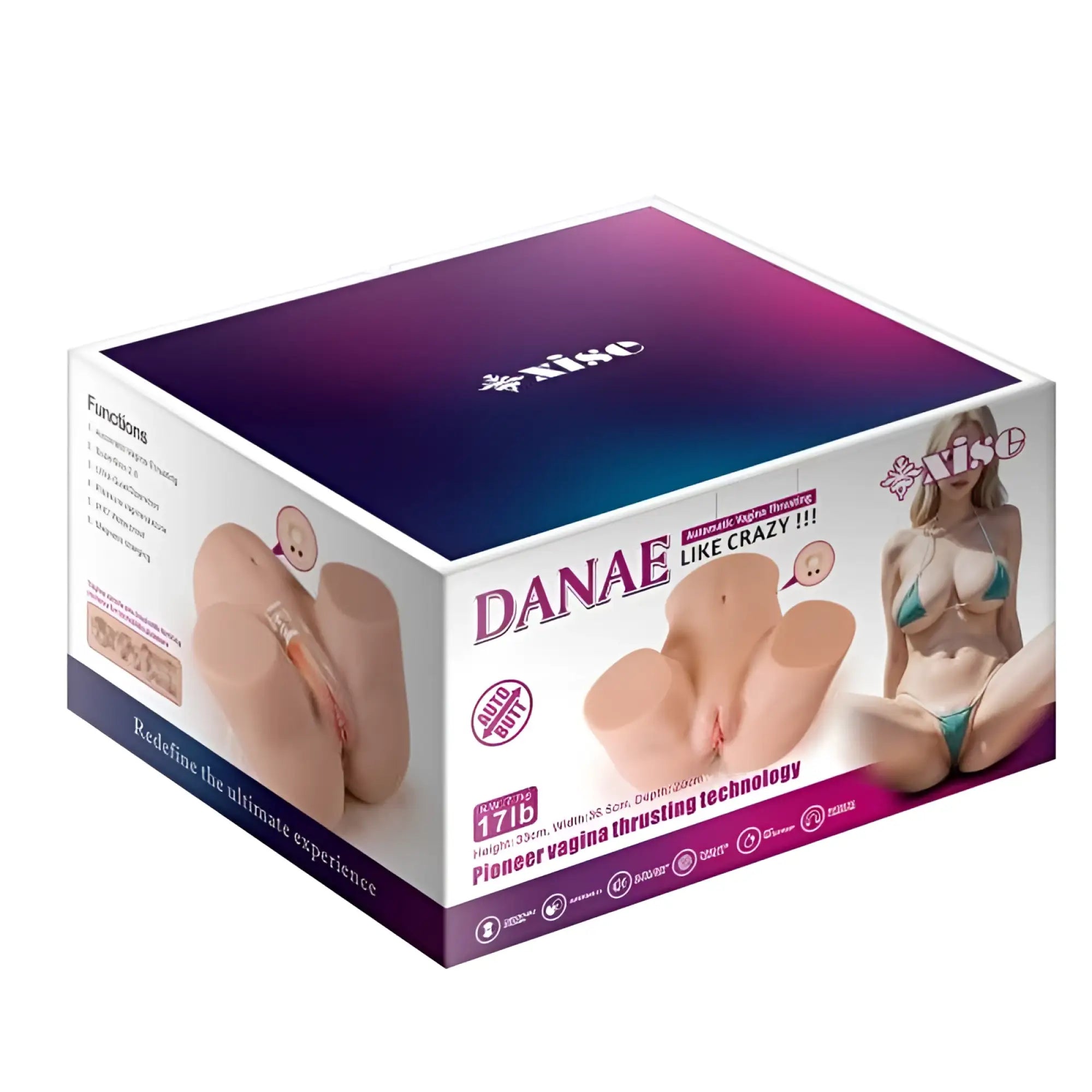 Beige silicone danae brand auto-thrusting vaginal device in purple and white box for pussy and ass use